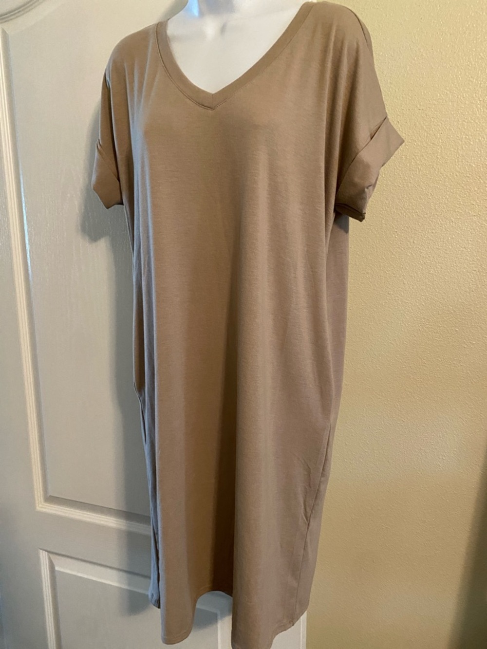 Zenana Outfitters Taupe Roll-Sleeve V-Neck Midi Dress